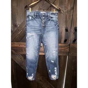 Kancan Women's Sz 7 27 Jeans Distressed Button Fly High Rise Blue Raw Hem‎ Denim